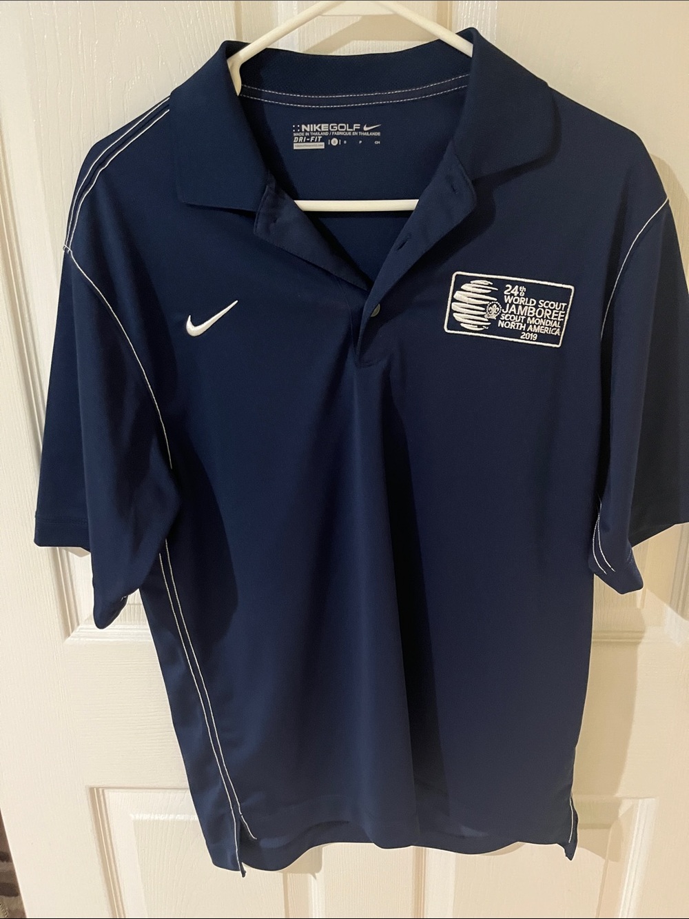 Nike Navy and White Men's Golf Polo with 2019 World Scout Jamboree Logo
